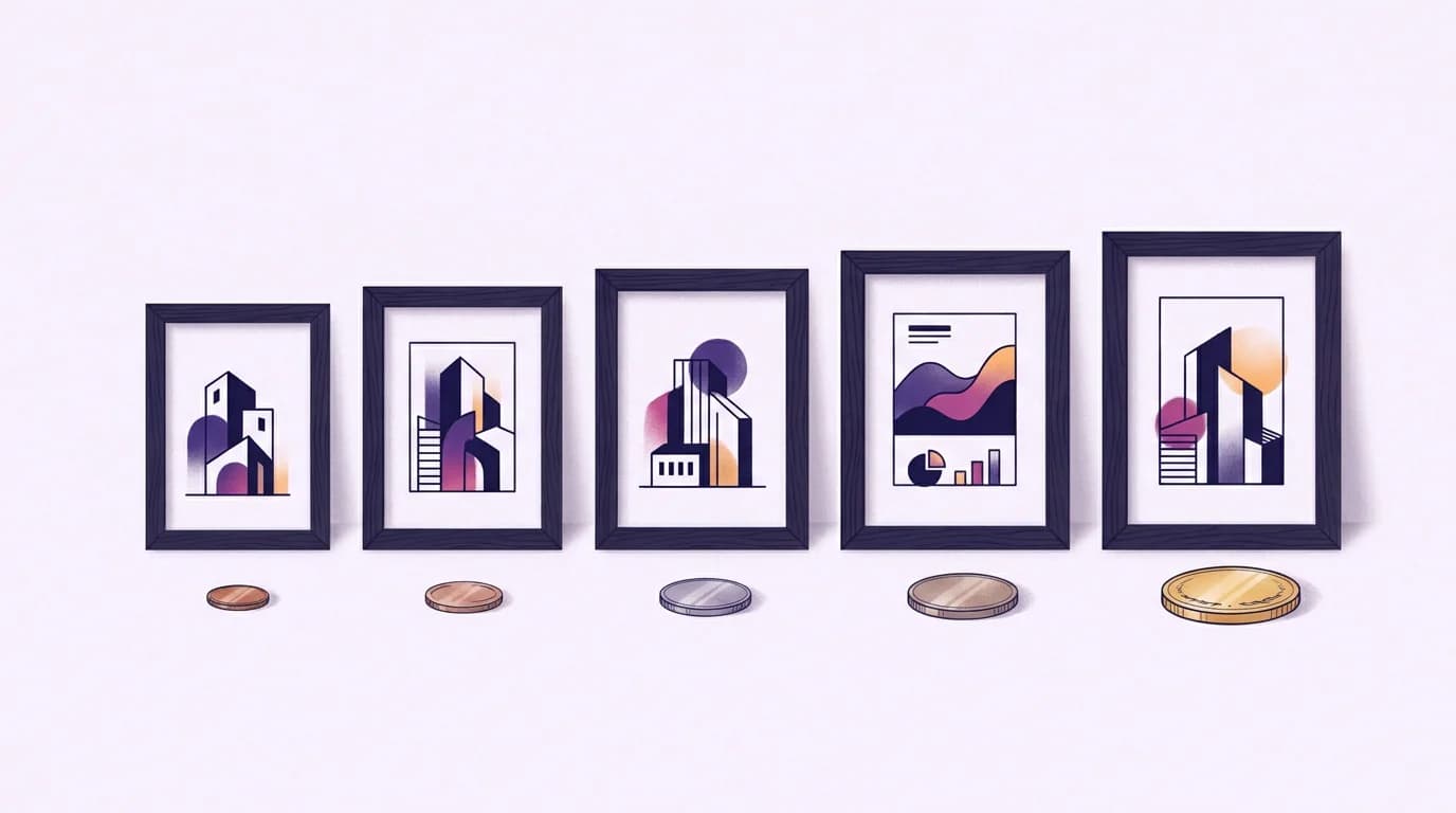 Five framed pictures in a row with progressively larger coins in front of each, showing AI image prices growing from a small draft to a large 4K render