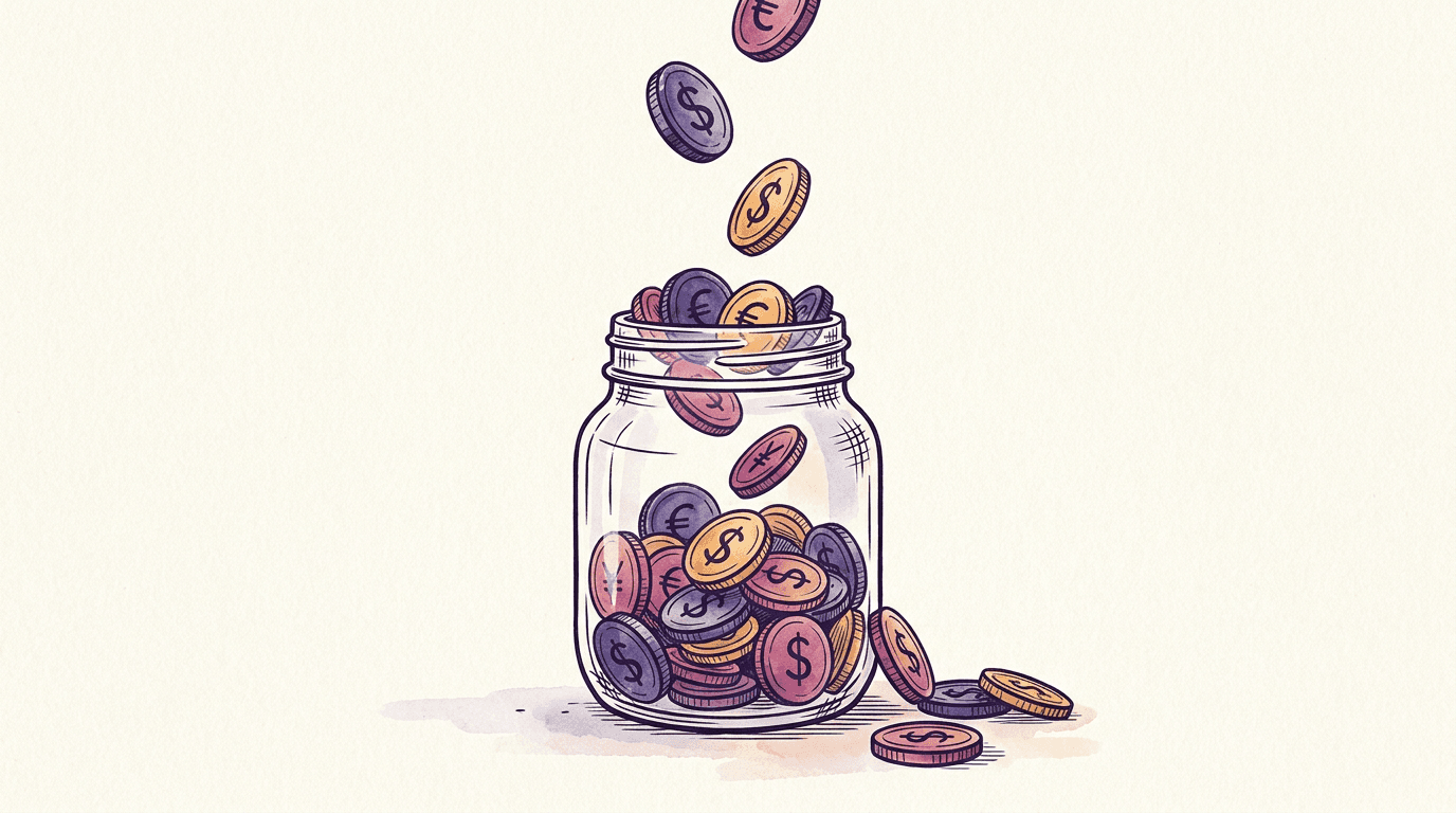 A glass jar of coins filled past the brim with extra coins spilling in from above, showing bonus balance added on top of a deposit