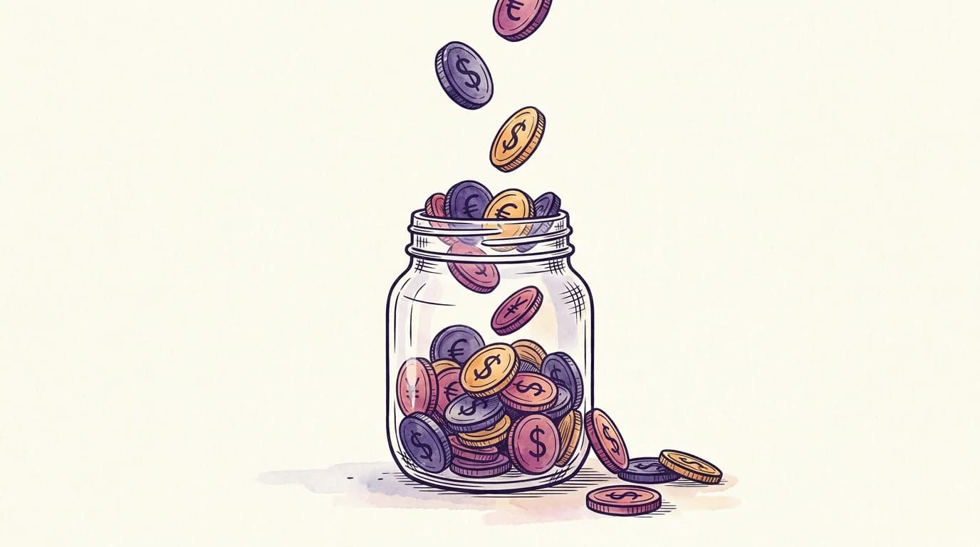 A glass jar of coins filled past the brim with extra coins spilling in from above, showing bonus balance added on top of a deposit