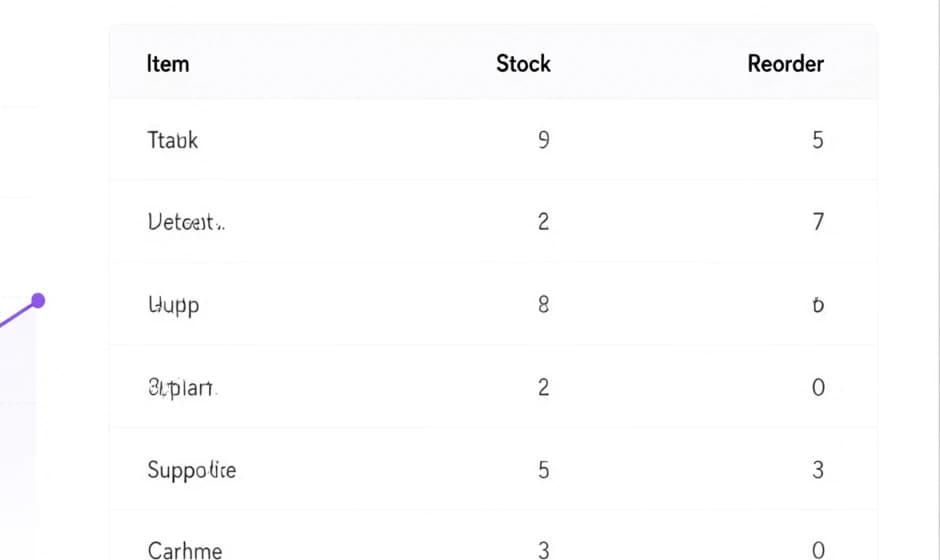 Full-resolution crop of the dashboard table: the headers Item, Stock and Reorder are correct while the product names are invented pseudo-words
