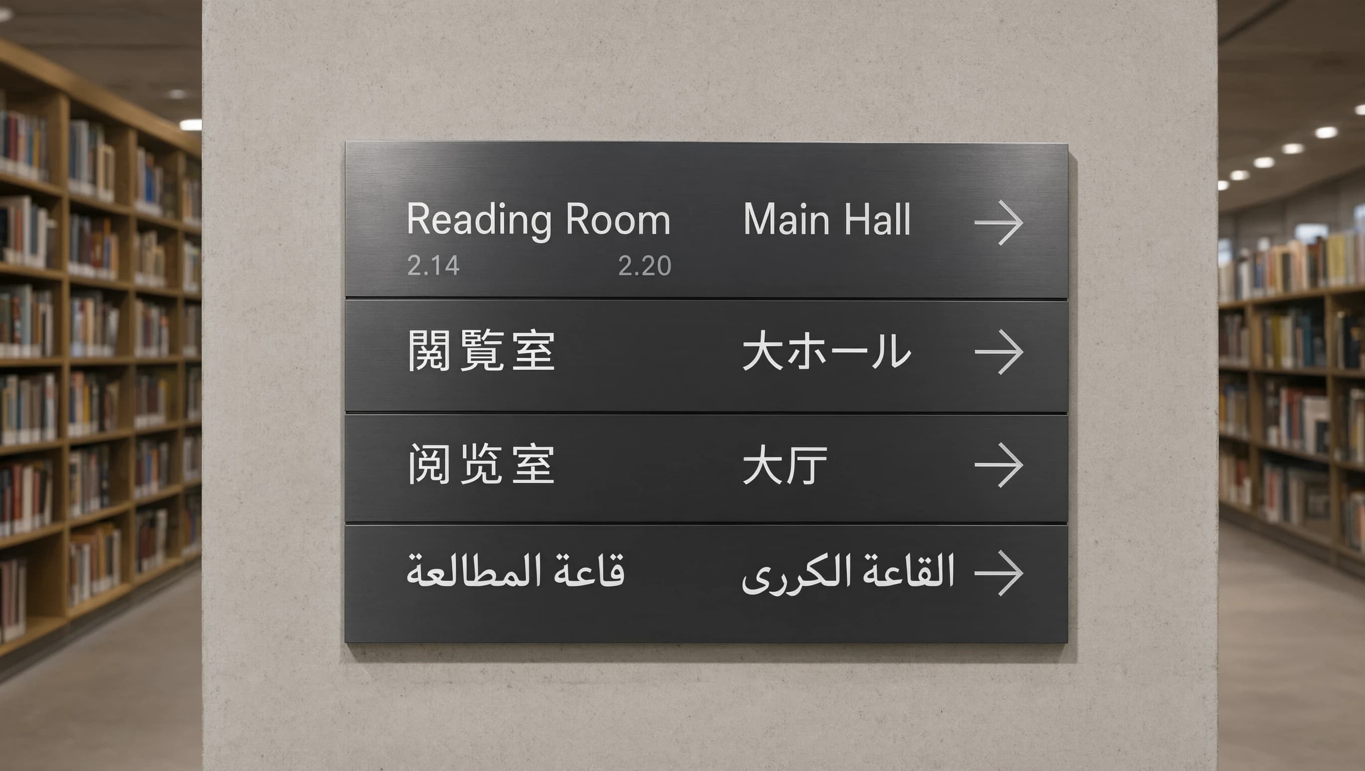 A library wayfinding sign with the same destinations written in English, Japanese, Chinese and Arabic, generated by Qwen Image 3.0 Pro on BananaBanana