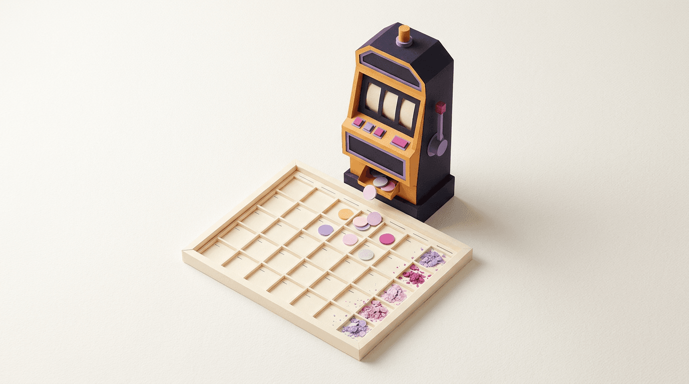 Paper-craft token dispenser dropping credits into a calendar-shaped tray where the last row crumbles to dust, monthly AI credits expiring