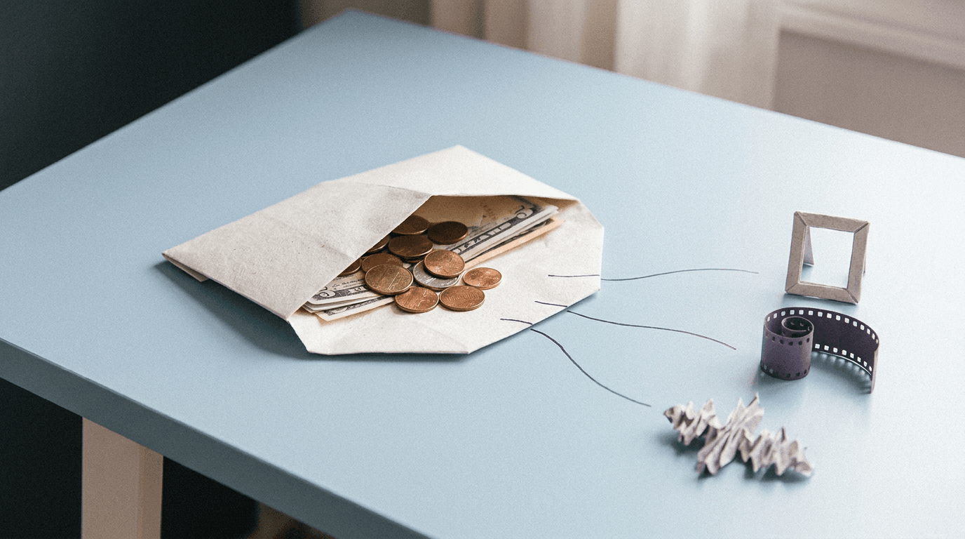 Open paper wallet with coins, thin violet lines running to a picture frame, a film strip and a sound wave made of folded paper