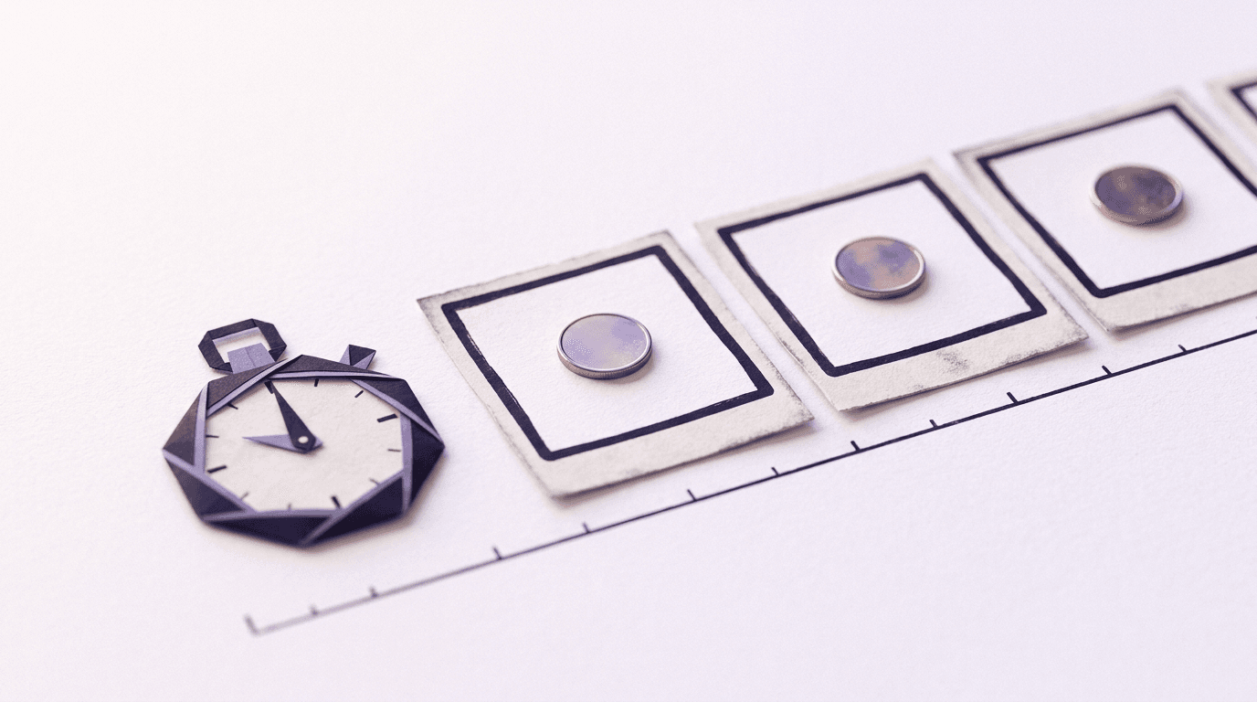 Paper film strip cut into frames with a coin on each frame and a folded-paper stopwatch beside them, per-second video pricing