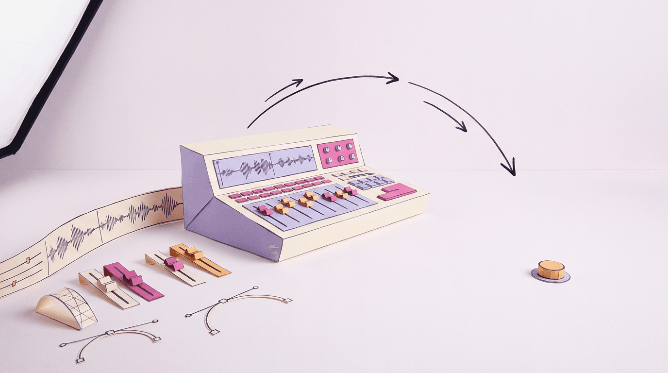Large folded-paper editing console with a multi-track timeline and motion path beside one tiny paper button on an empty surface