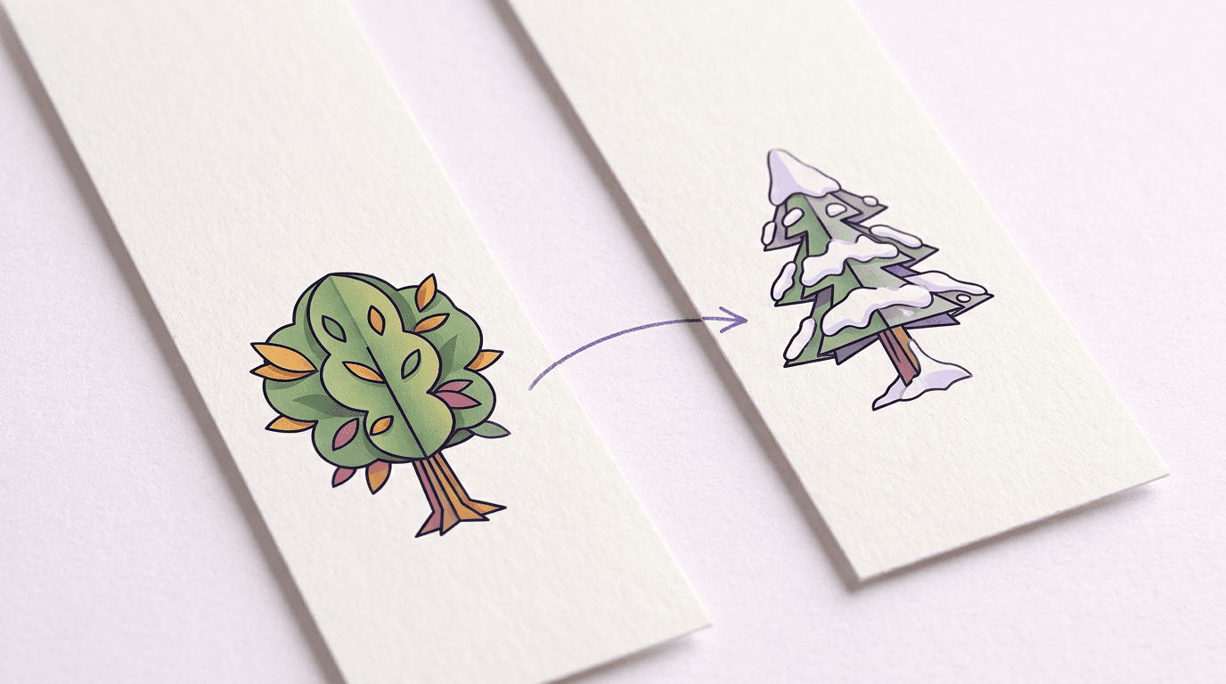 Two identical paper film strips side by side, the second showing the same scene with snow, connected by a violet arrow, AI video-to-video editing