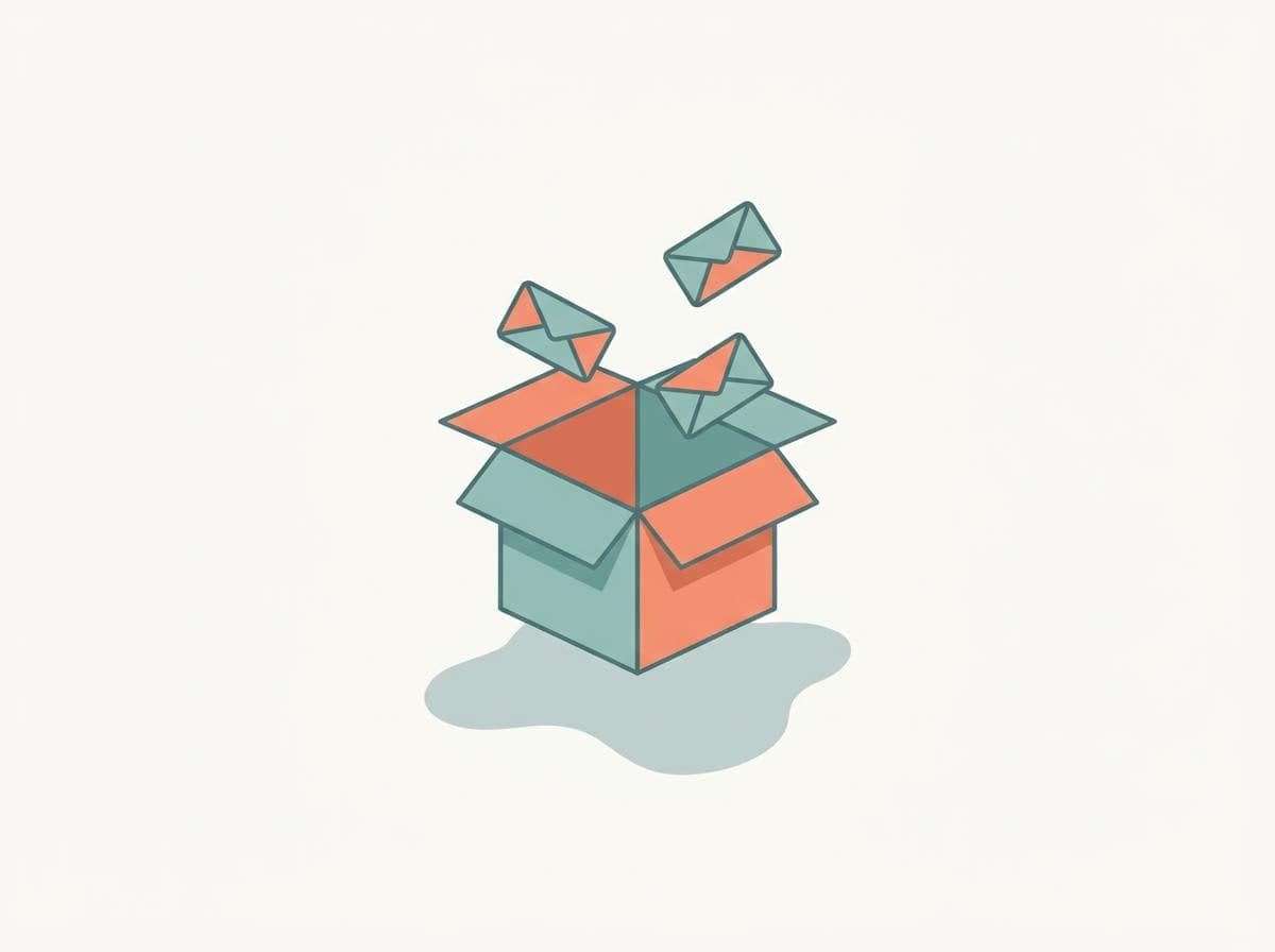 Flat vector app empty-state illustration of an open box with paper envelopes drifting out, the kind of asset Windsurf produces through an image MCP server