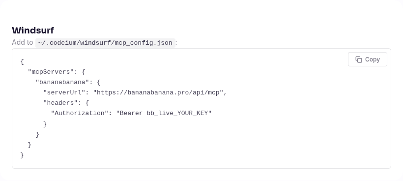 The Windsurf configuration block on the BananaBanana MCP documentation page, showing the mcp_config.json snippet with serverUrl and an Authorization header