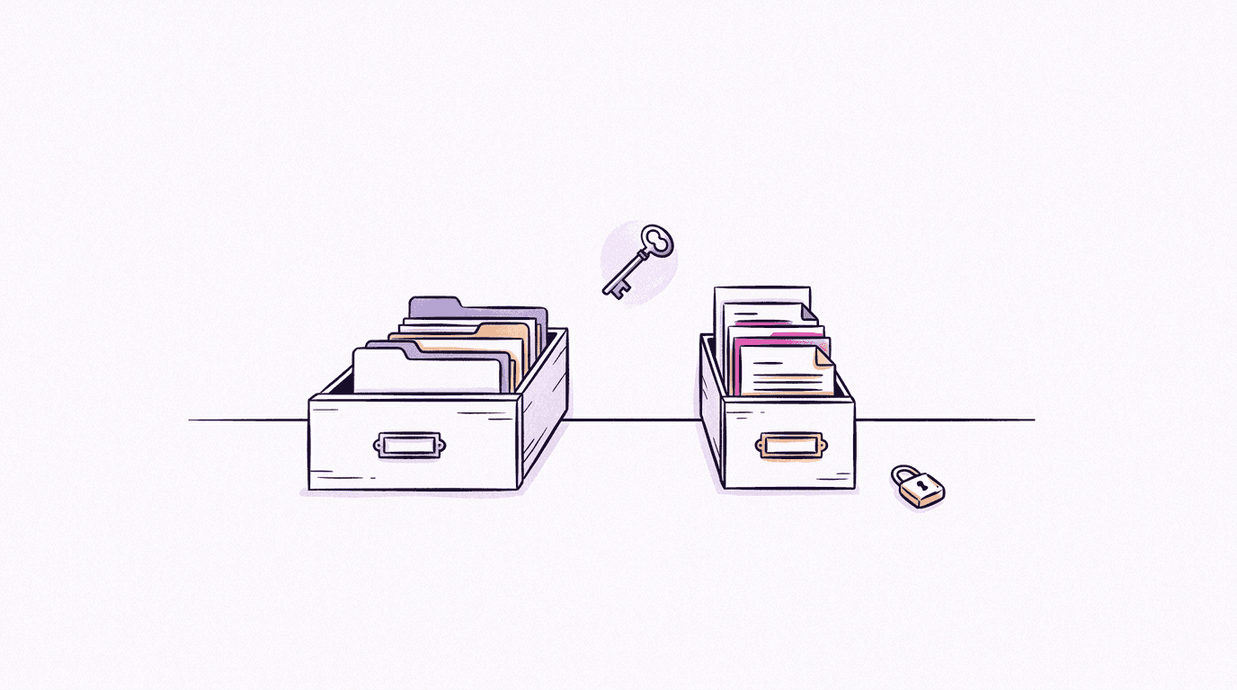 Editorial illustration of two open filing drawers of different sizes with a single key hovering between them and a small padlock nearby