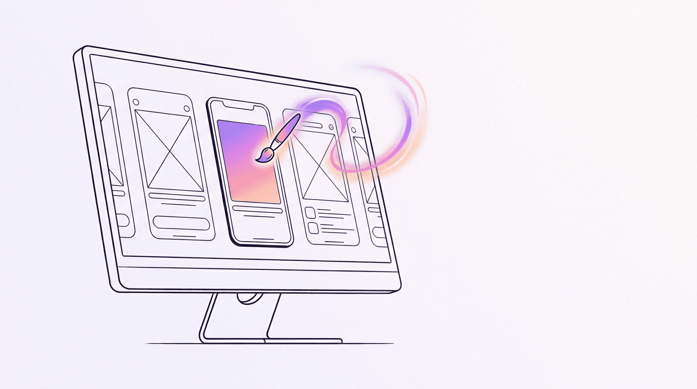Editorial illustration of a wide monitor showing app wireframes where empty picture frames are being filled by a small floating paintbrush