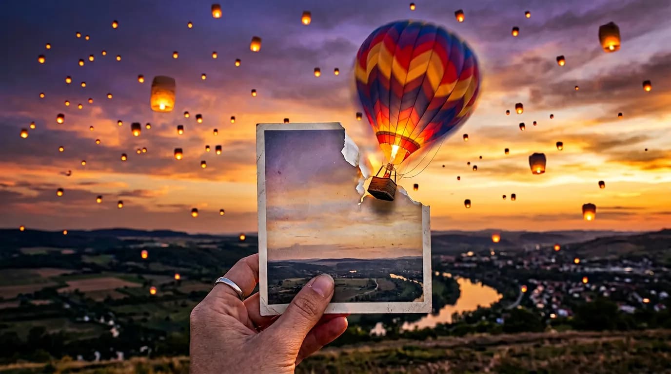 AI illustration of a printed photo of a hot air balloon coming alive into a real sky — the image-to-video concept on BananaBanana