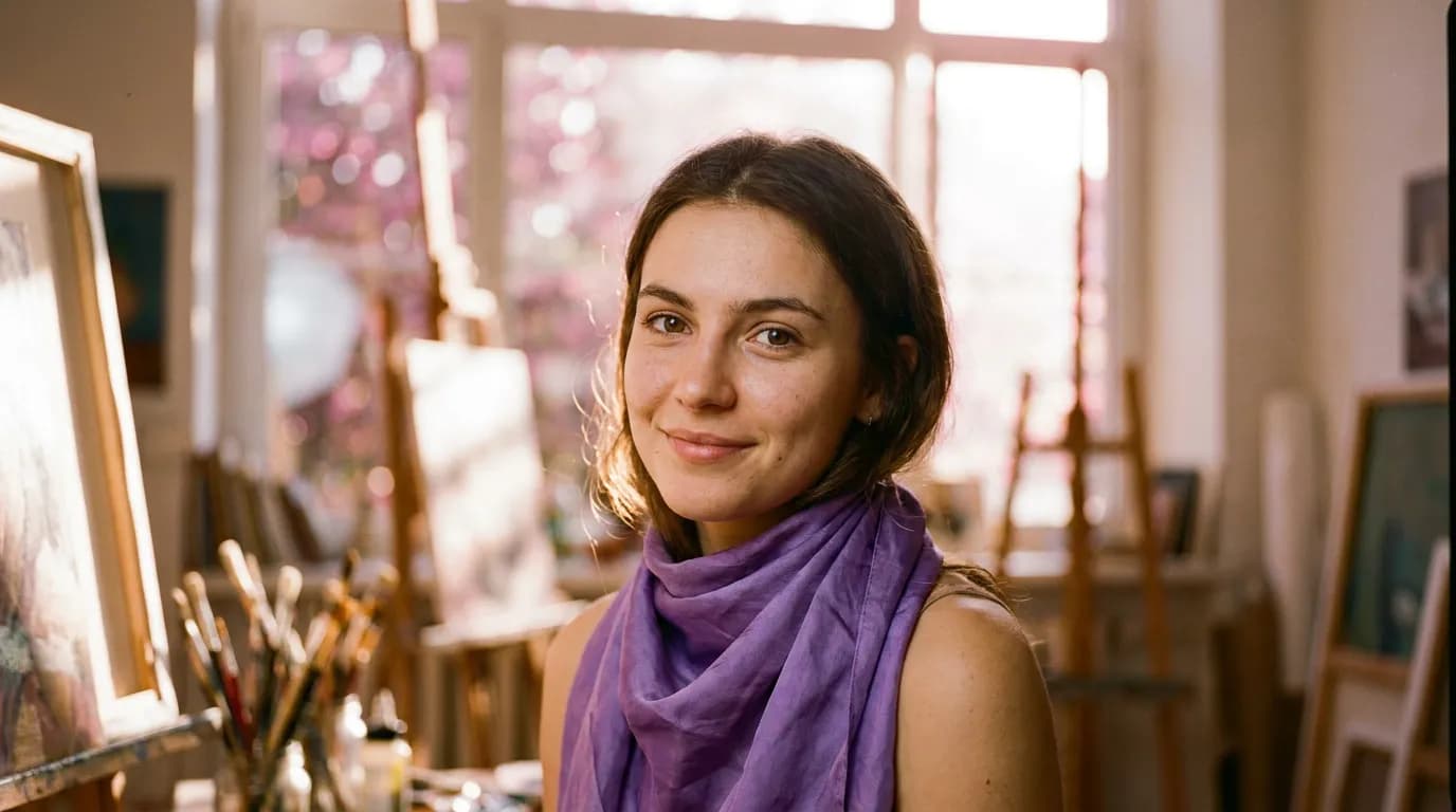 AI-generated editorial portrait of a woman in a violet silk scarf, demonstrating Nano Banana Pro skin texture and shallow depth of field