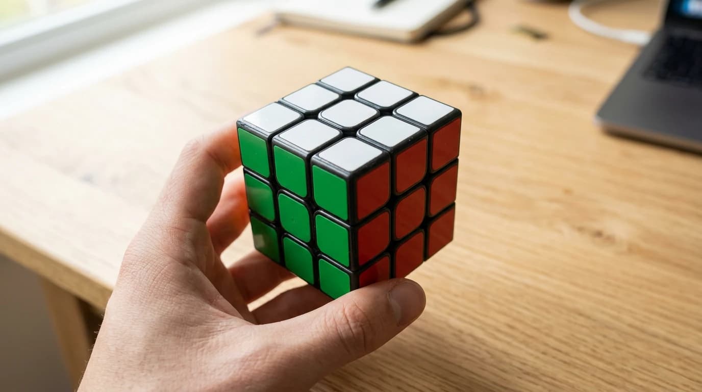 Output di Nano Banana 2.1 per lo stesso prompt: un cubo di Rubik risolto con la faccia superiore bianca, quella frontale verde e quella destra rossa