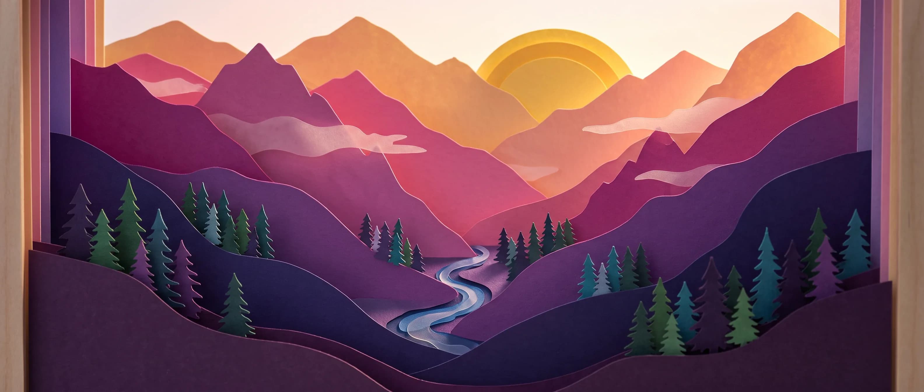 Paesaggio 21:9 in carta a strati generato con Nano Banana 2.1: una valle di montagna all'alba ritagliata in carta viola, fucsia e ambra