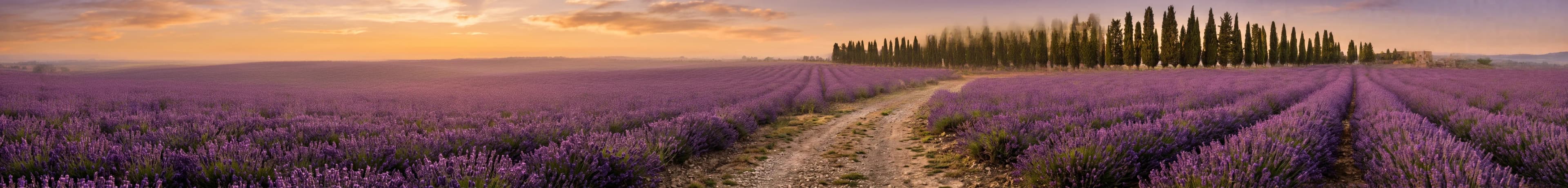 Foto panoramica ultra larga 8:1 generata con Nano Banana 2.1: un campo di lavanda che digrada verso una fila di cipressi sotto un cielo viola e ambra all'ora dorata