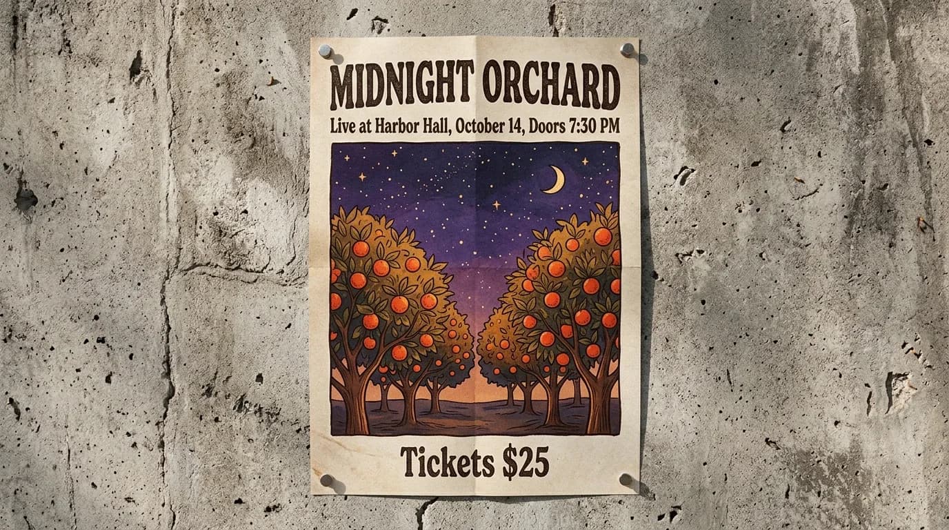 Output di Nano Banana 2.1 per lo stesso prompt: il poster di un concerto con il titolo MIDNIGHT ORCHARD, la riga con la data alla Harbor Hall e una riga con il prezzo