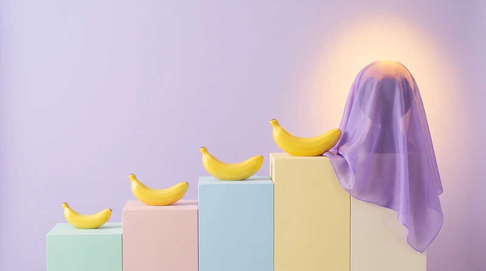 Five banana figurines on stepped pastel podiums, the tallest podium holding a shape hidden under a translucent violet cloth, representing the unannounced Nano Banana 3 Pro next to Google's current Nano Banana image models