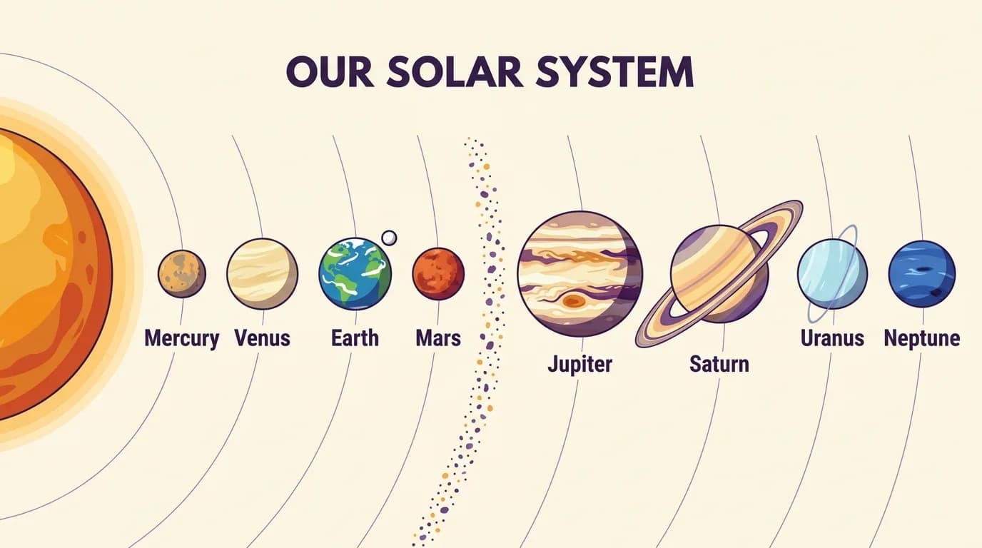 Nano Banana Pro output: a flat vector infographic titled OUR SOLAR SYSTEM with the Sun and the eight planets labelled in order from Mercury to Neptune