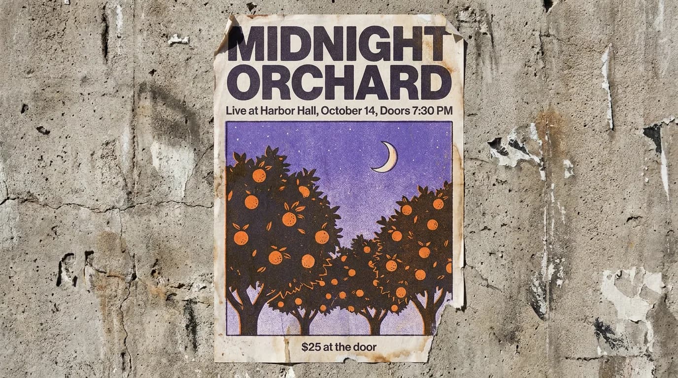 Nano Banana Pro output: a weathered concert poster on a concrete wall with the headline MIDNIGHT ORCHARD, event details, a price line and orange trees under a violet night sky with a crescent moon
