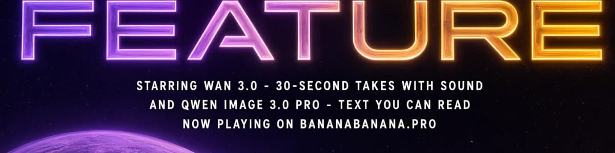 Full-resolution crop of the poster credits: starring Wan 3.0, 30-second takes with sound; and Qwen Image 3.0 Pro, text you can read; now playing on bananabanana.pro