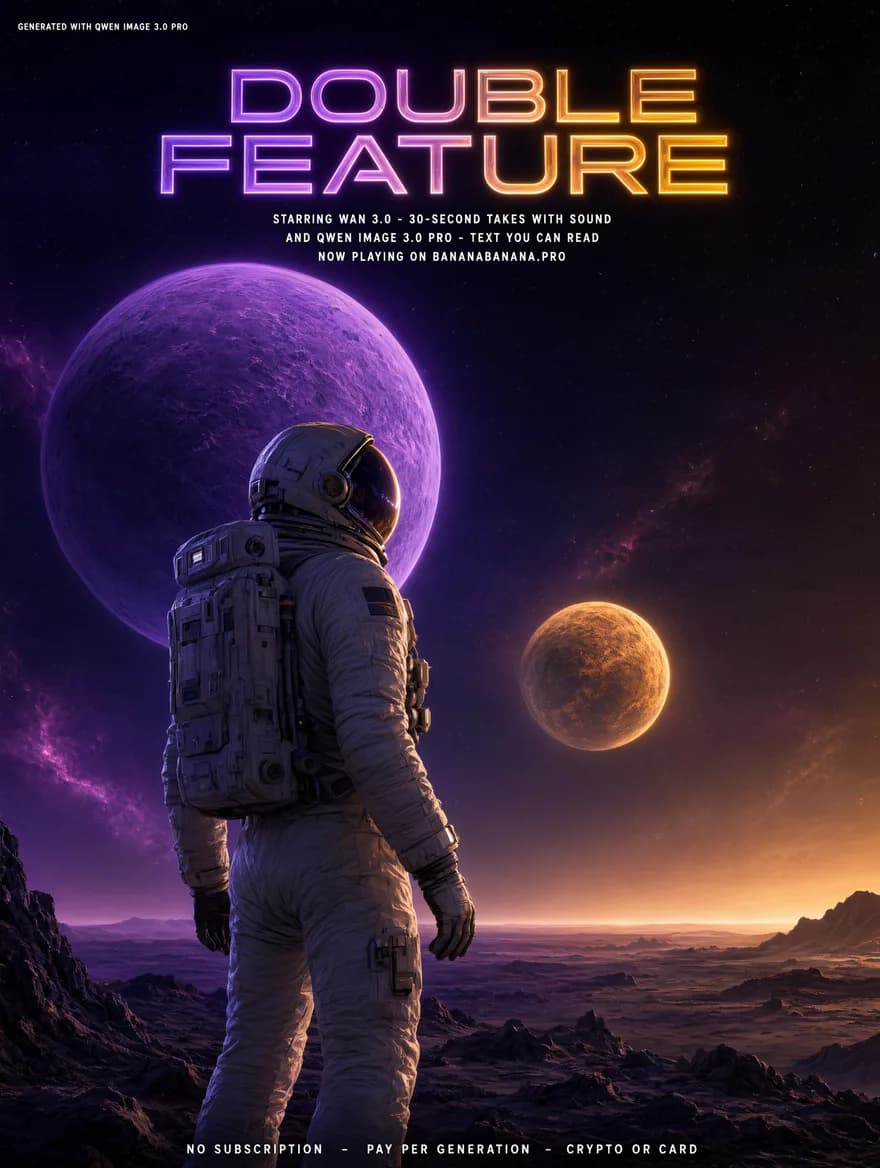Cinematic sci-fi poster titled DOUBLE FEATURE: an astronaut on a rocky alien plateau looking at a violet and an amber planet, generated by Qwen Image 3.0 Pro