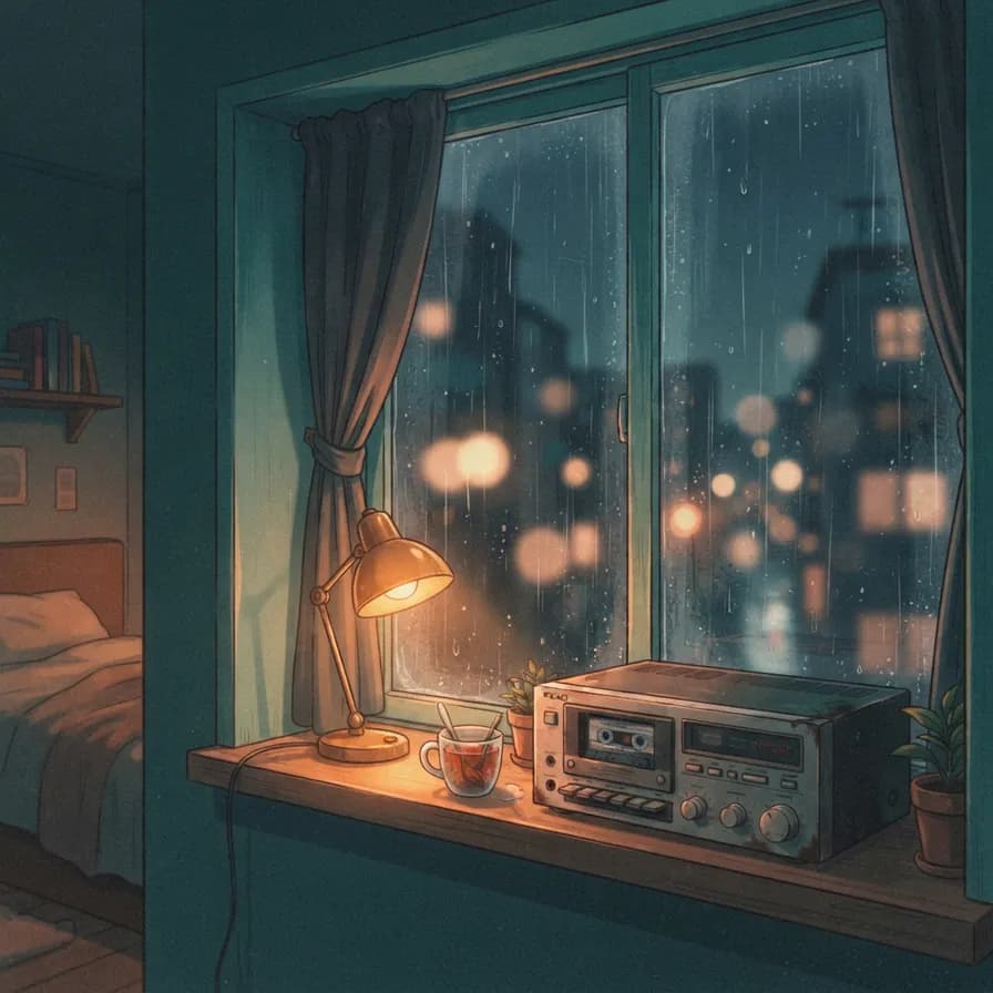 AI-generated album covers example — Lo-fi — rain on the window, made with Nano Banana 2 Lite on BananaBanana
