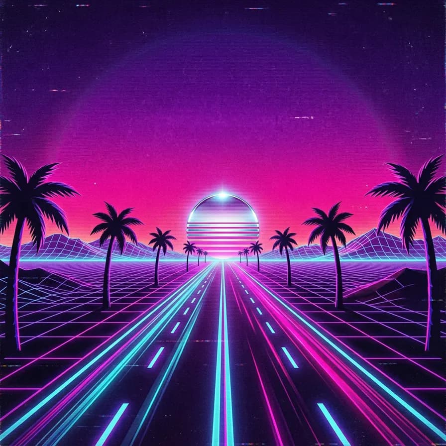 AI-generated album covers example — Synthwave — chrome sun, made with Nano Banana 2 on BananaBanana