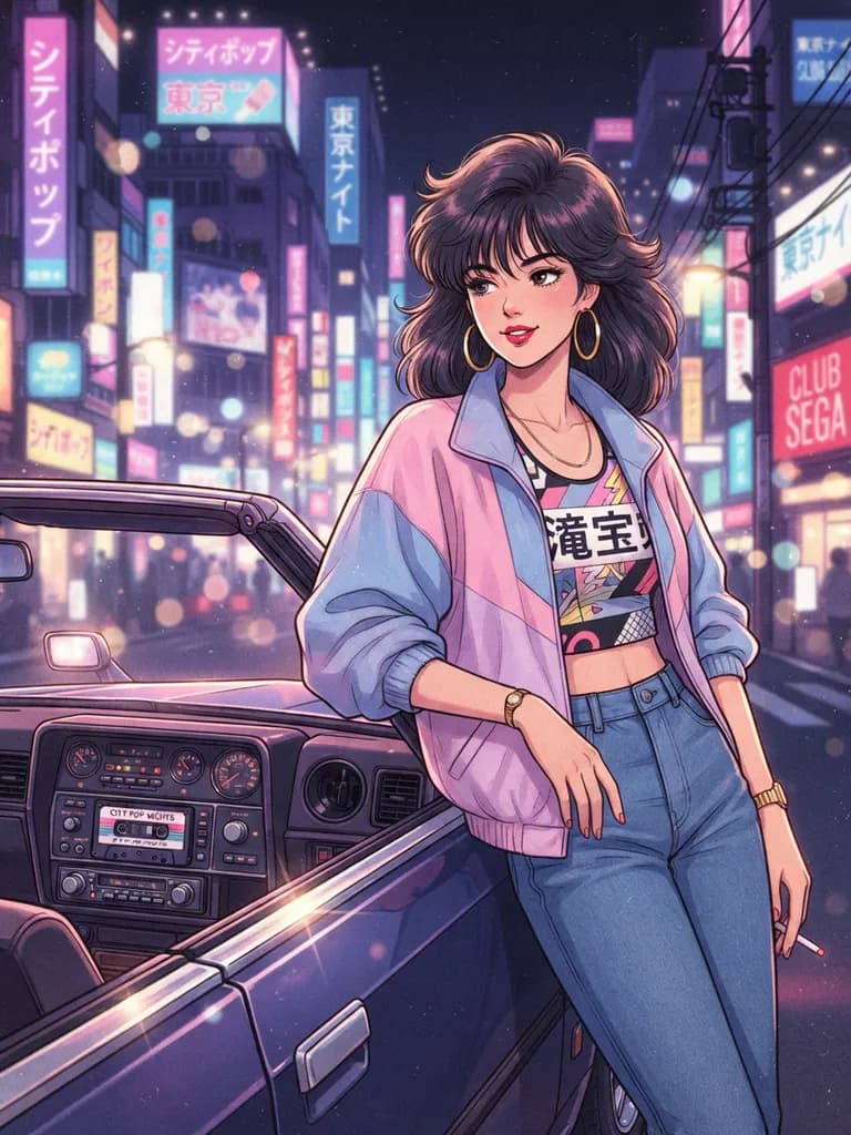 AI-generated anime art example — City pop retro, made with Nano Banana 2 Lite on BananaBanana