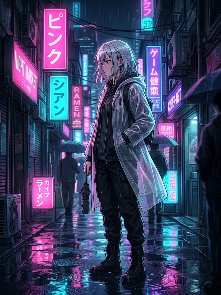 AI-generated anime art example — Cyberpunk neon girl, made with Nano Banana 2 on BananaBanana