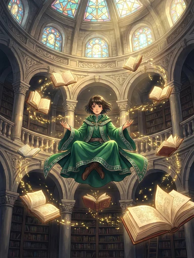 AI-generated anime art example — Mage in the library, made with Nano Banana Pro on BananaBanana