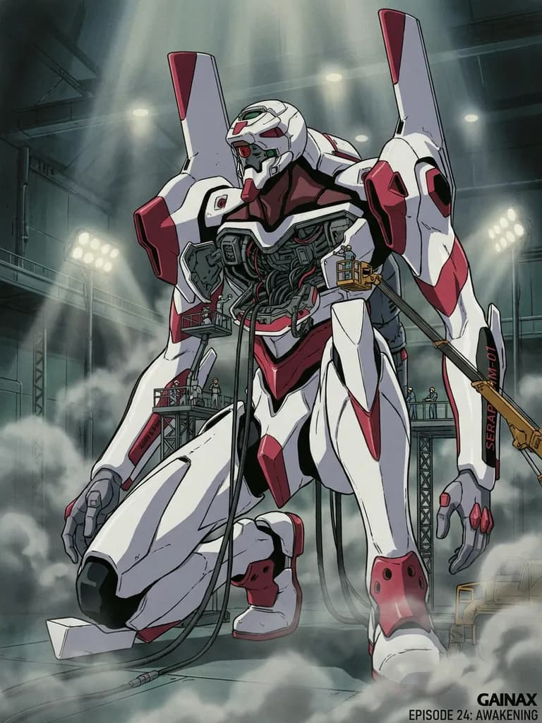 AI-generated anime art example — Mecha in the hangar, made with Nano Banana Pro on BananaBanana