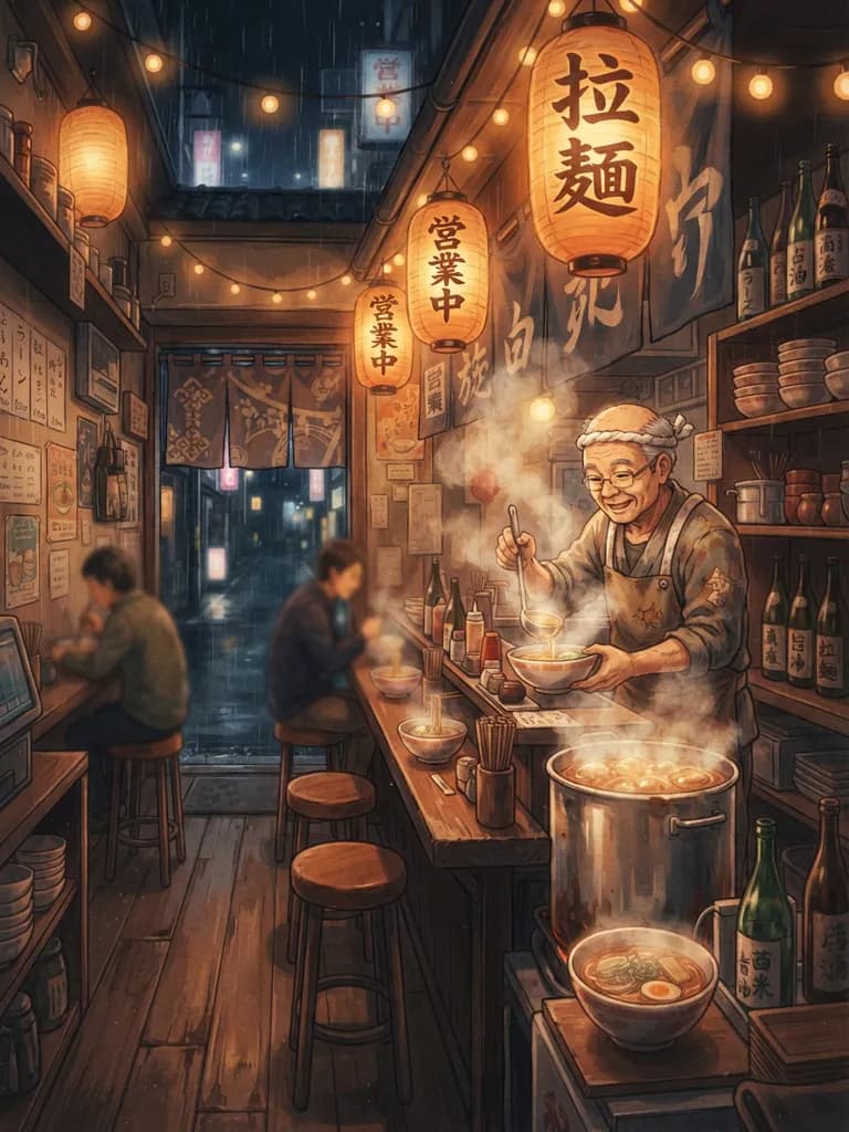 AI-generated anime art example — Cozy ramen shop, made with Nano Banana 2 Lite on BananaBanana
