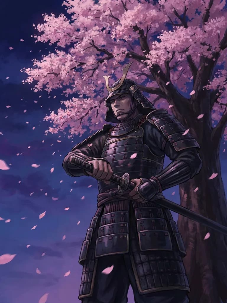 AI-generated anime art example — Samurai under sakura, made with Nano Banana Pro on BananaBanana