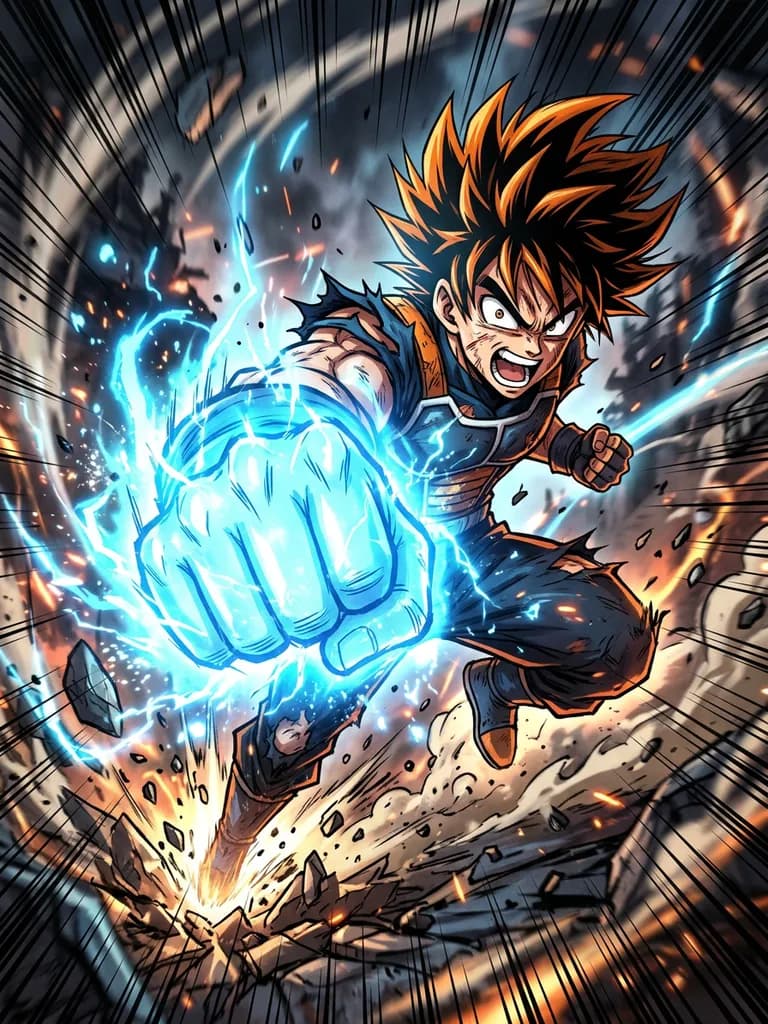 AI-generated anime art example — Shonen action panel, made with Nano Banana 2 on BananaBanana