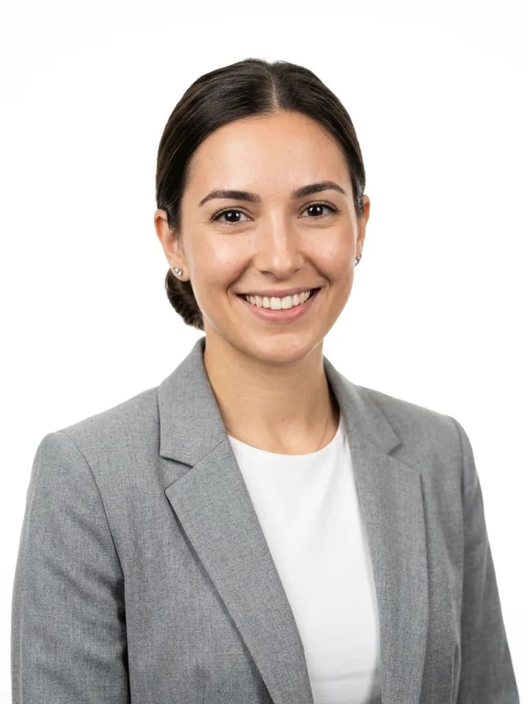 AI-generated business headshots example — High-key on white, made with Nano Banana 2 on BananaBanana