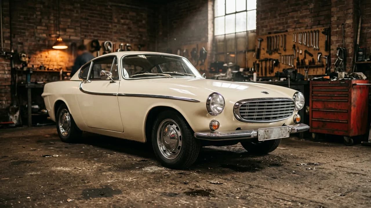 AI-generated car photography example — Classic coupé in a workshop, made with Nano Banana 2 on BananaBanana