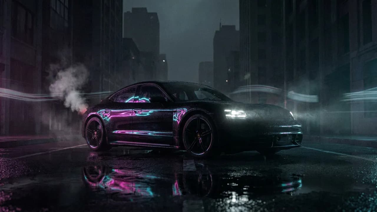 AI-generated car photography example — Wet city night, made with Nano Banana Pro on BananaBanana