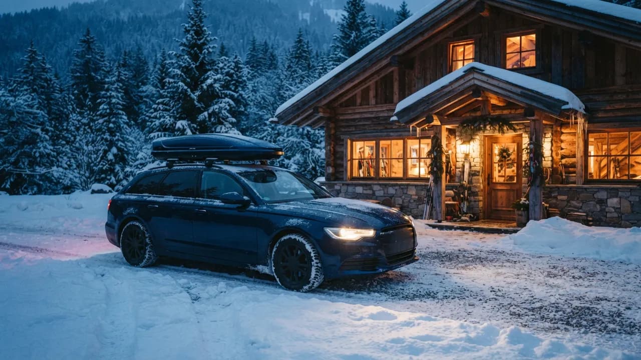 AI-generated car photography example — Winter lodge at blue hour, made with Nano Banana 2 Lite on BananaBanana