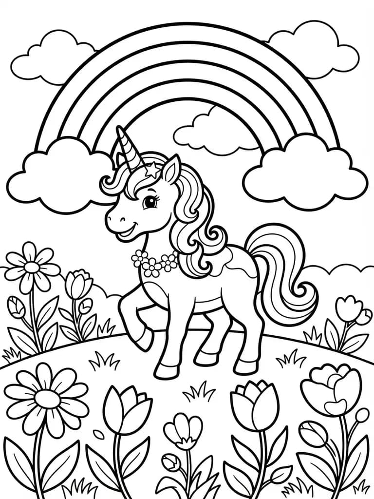 AI-generated coloring pages example — Unicorn in a meadow, made with Nano Banana 2 Lite on BananaBanana