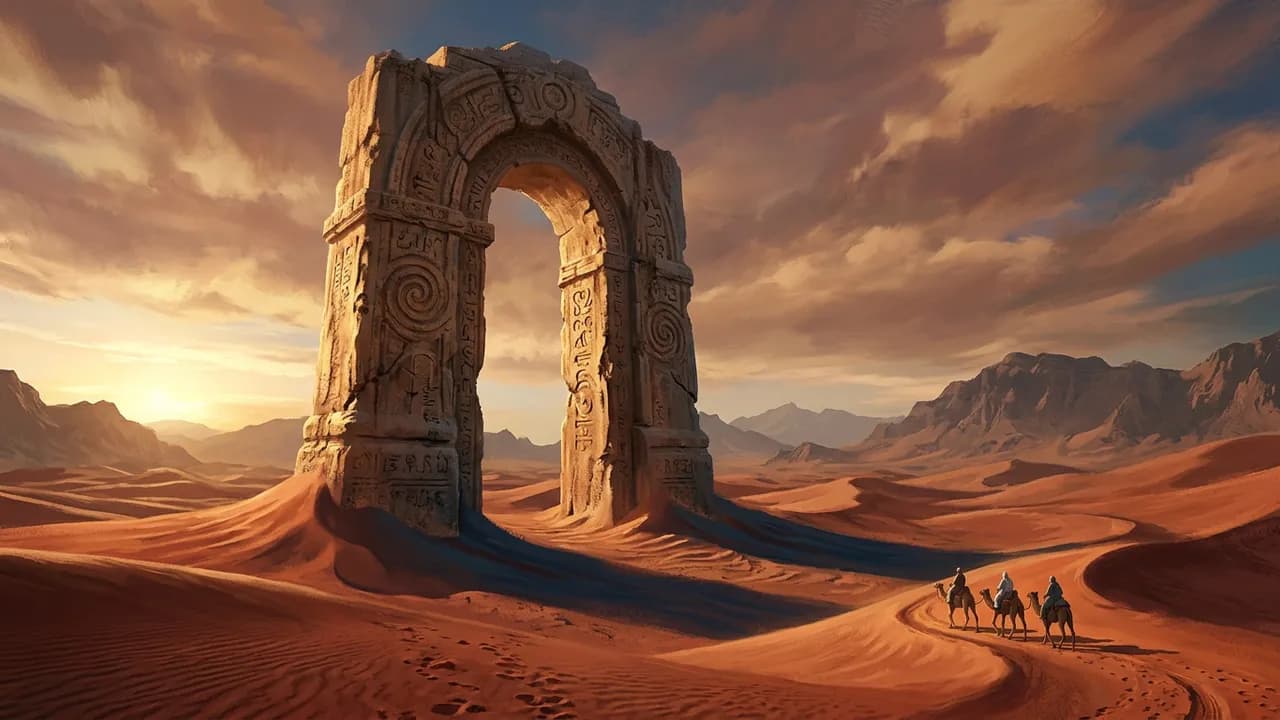 Exemplo de arte fantástica gerado por IA — Portão no deserto, feito com Nano Banana 2 na BananaBanana
