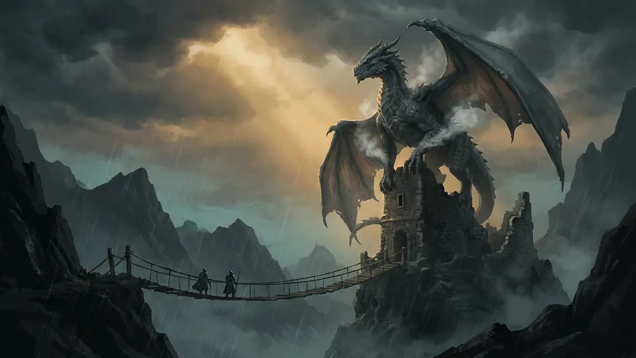 Exemplo de arte fantástica gerado por IA — Dragão sobre picos tempestuosos, feito com Nano Banana Pro na BananaBanana