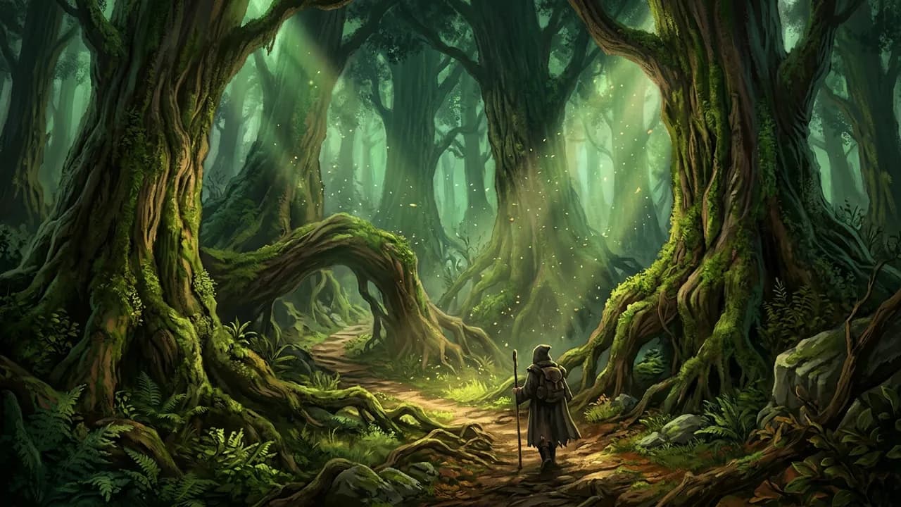 Exemplo de arte fantástica gerado por IA — Caminho na floresta encantada, feito com Nano Banana 2 na BananaBanana