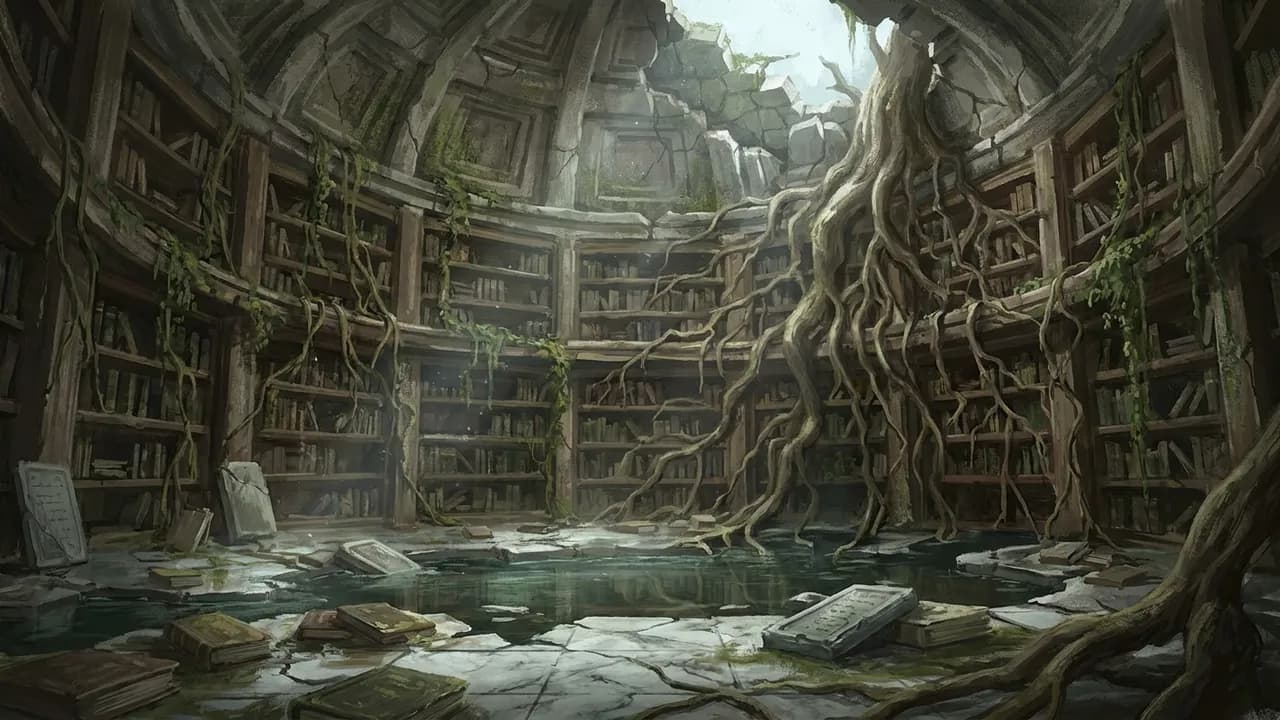 Exemplo de arte fantástica gerado por IA — Biblioteca em ruínas, feito com Nano Banana Pro na BananaBanana