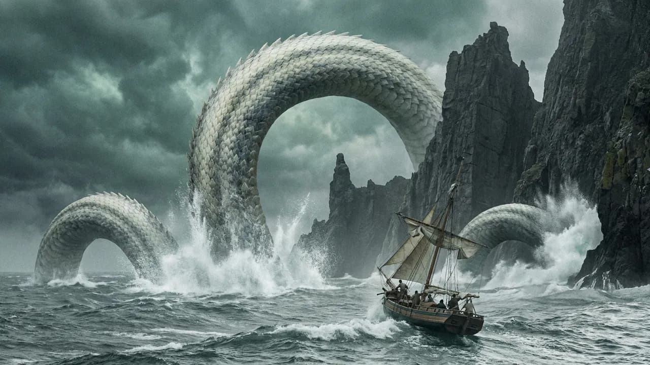 Exemplo de arte fantástica gerado por IA — Serpente marinha ao largo dos penhascos, feito com Nano Banana Pro na BananaBanana