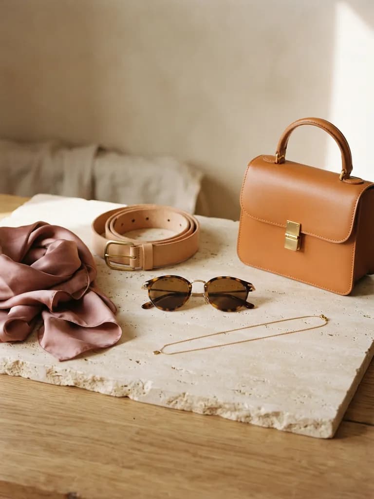 AI-generated fashion lookbook example — Accessories still life, made with Nano Banana 2 Lite on BananaBanana