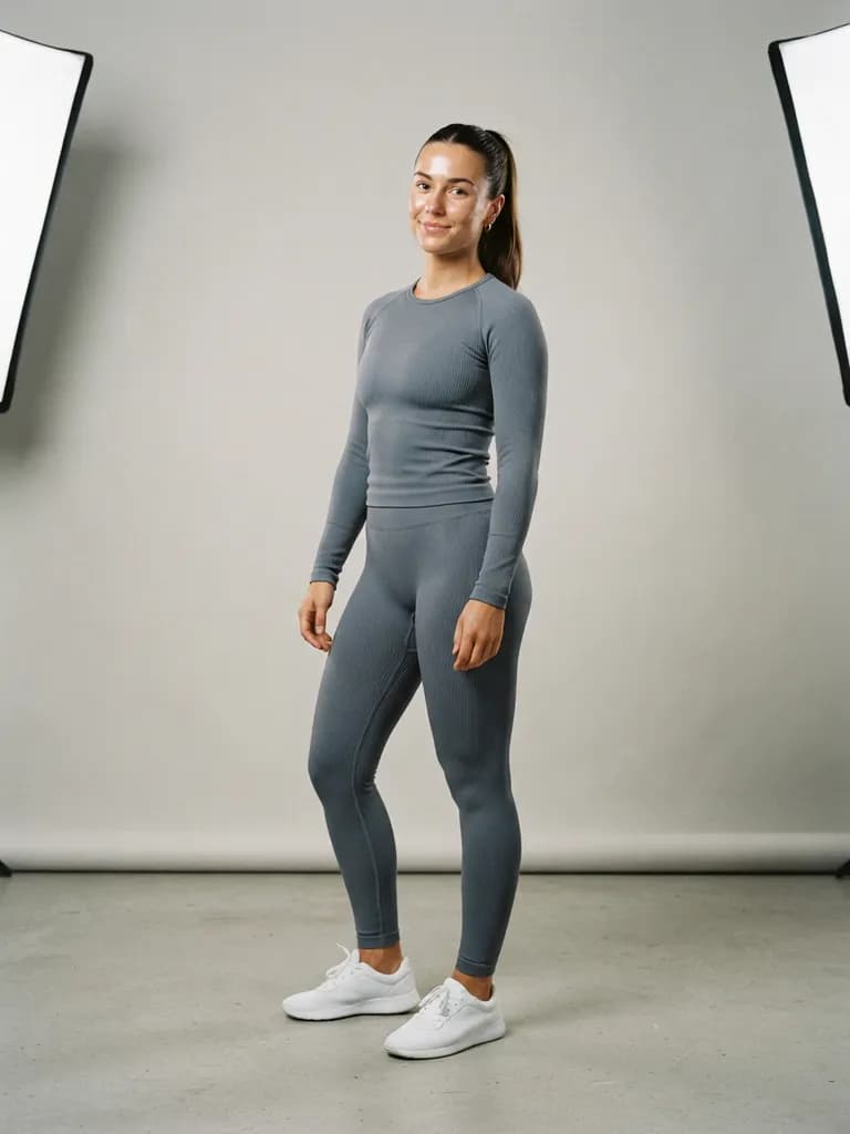 AI-generated fashion lookbook example — Athleisure in the studio, made with Nano Banana 2 Lite on BananaBanana