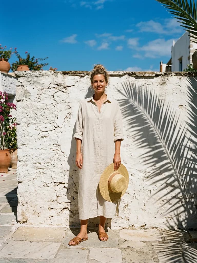 AI-generated fashion lookbook example — Resort linen in hard sun, made with Nano Banana 2 on BananaBanana