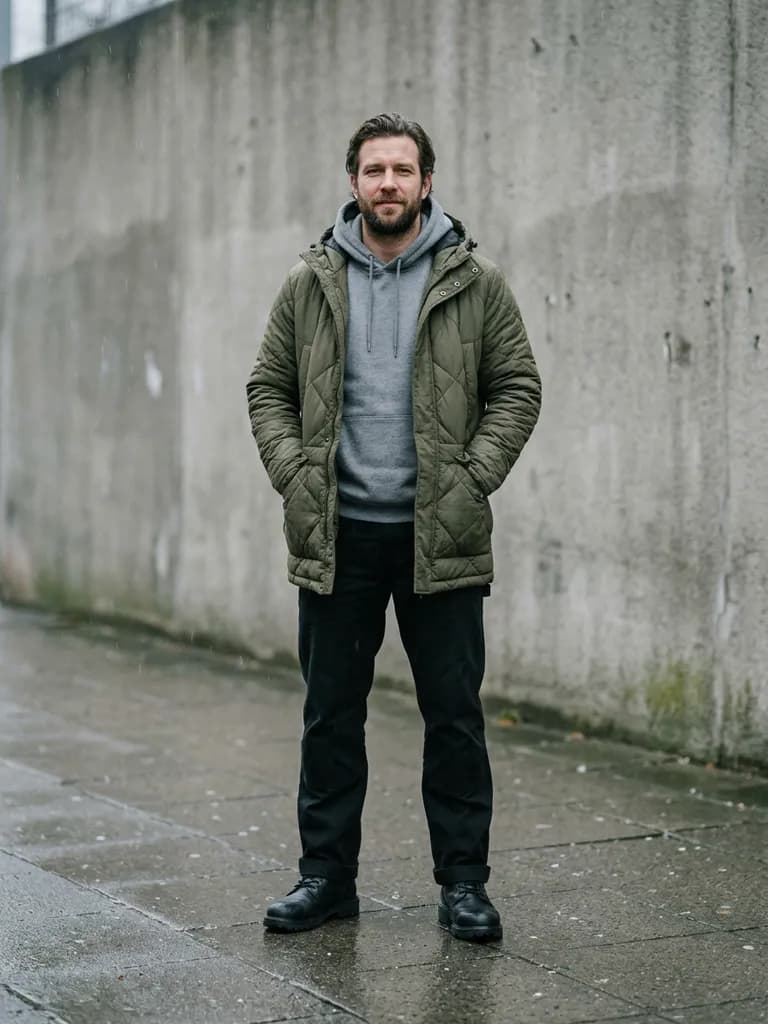 AI-generated fashion lookbook example — Winter outerwear in the city, made with Nano Banana 2 on BananaBanana