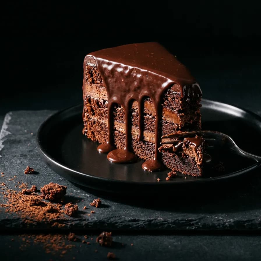 AI-generated food photography example — Moody chocolate cake, made with Nano Banana Pro on BananaBanana