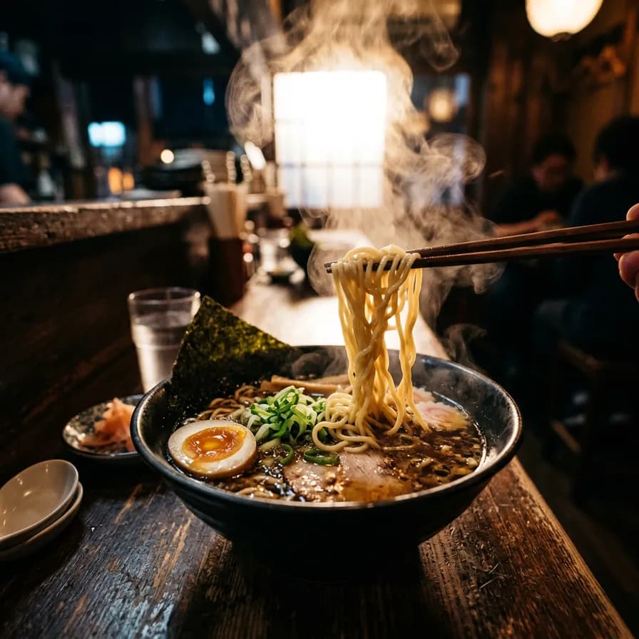 AI-generated food photography example — Backlit ramen steam, made with Nano Banana 2 on BananaBanana